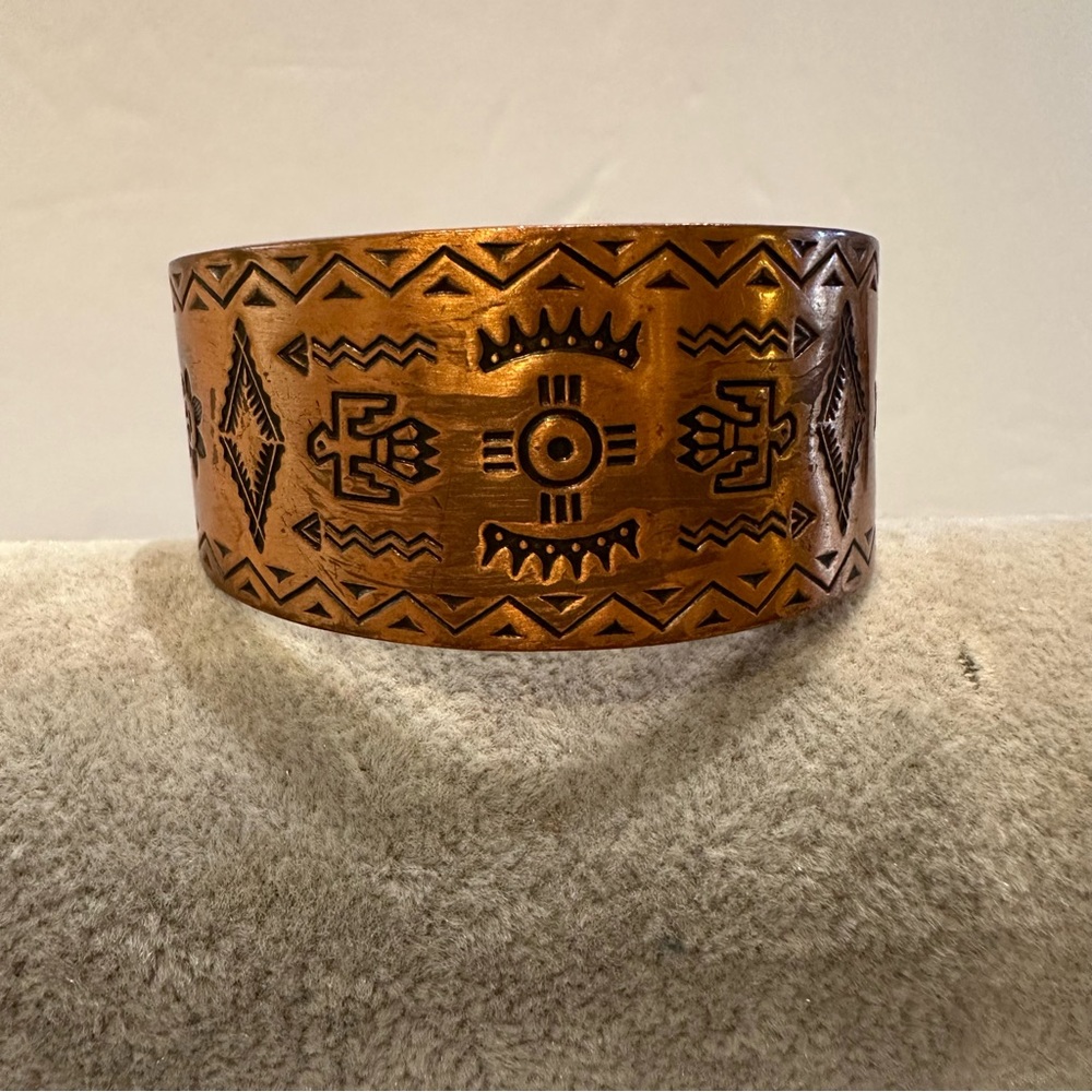 Artisan Copper Cuff Bracelet w/ Native or Aztec markings/ drawings flower sun